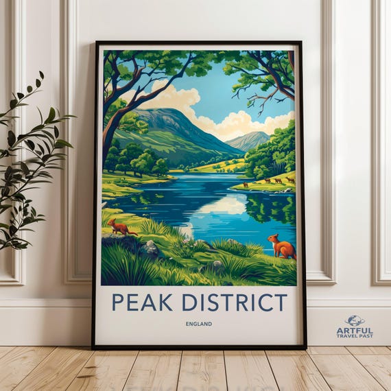 Scenic Peak District Landscape Wall Art Print Nature Illustration Poster Countryside Decor Mountain And Lake Artwork