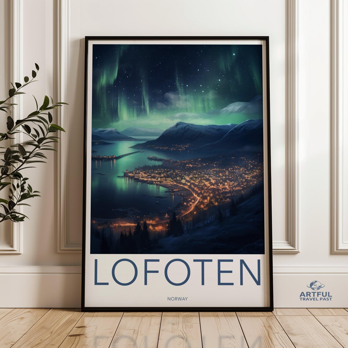 Lofoten Norway Northern Lights Harbor Winter Night Travel Poster