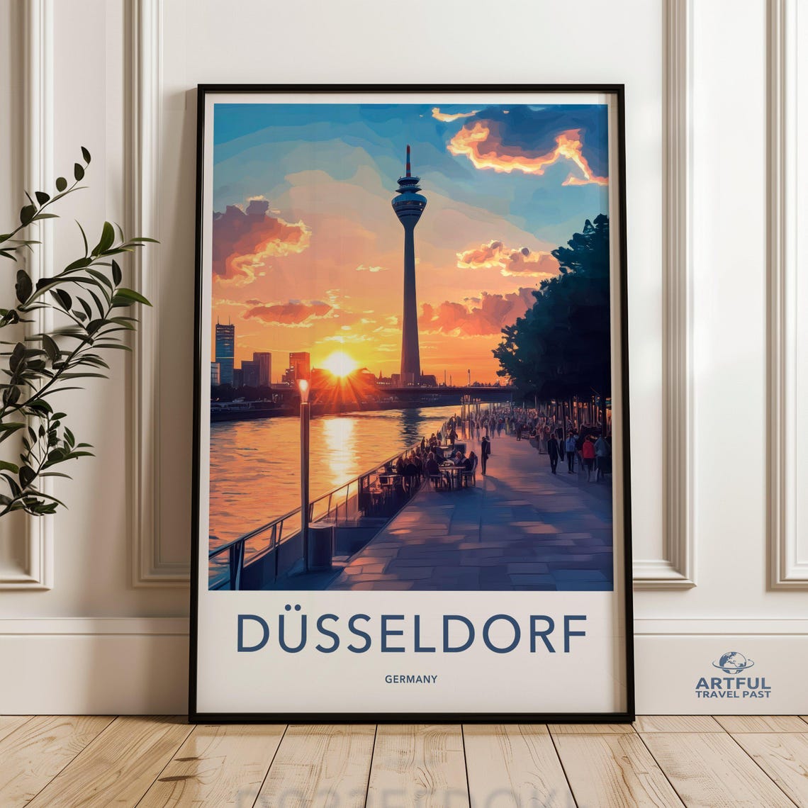 Dusseldorf Germany Sunset Travel Poster Rhine River Skyline Art
