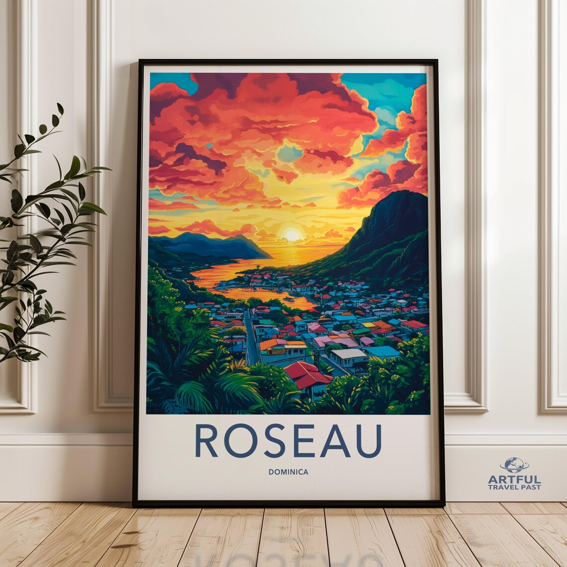 Roseau Dominica Sunset Bay Mountain Cityscape Colorful Travel Poster