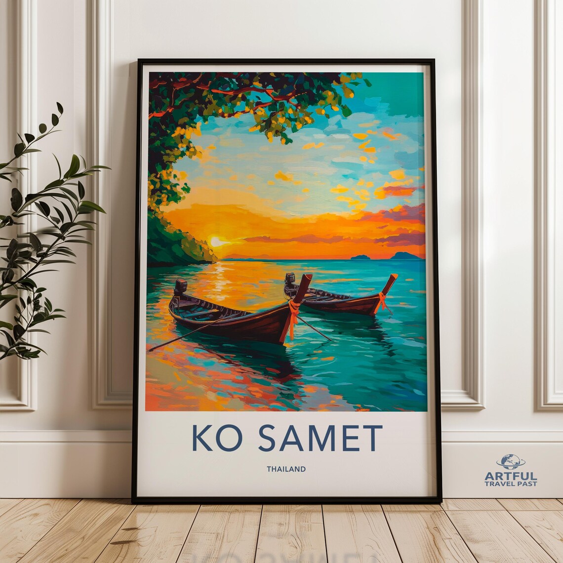 Ko Samet Thailand Longtail Boats Sunset Vintage Travel Poster