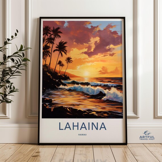 Lahaina Hawaii Sunset with Silhouetted Palm Trees and Crashing Waves Poster