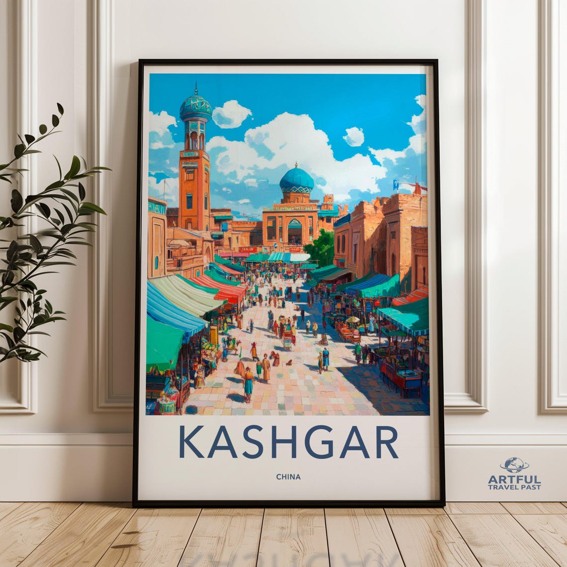 Kashgar China Grand Bazaar Marketplace Mosque Colorful Travel Poster