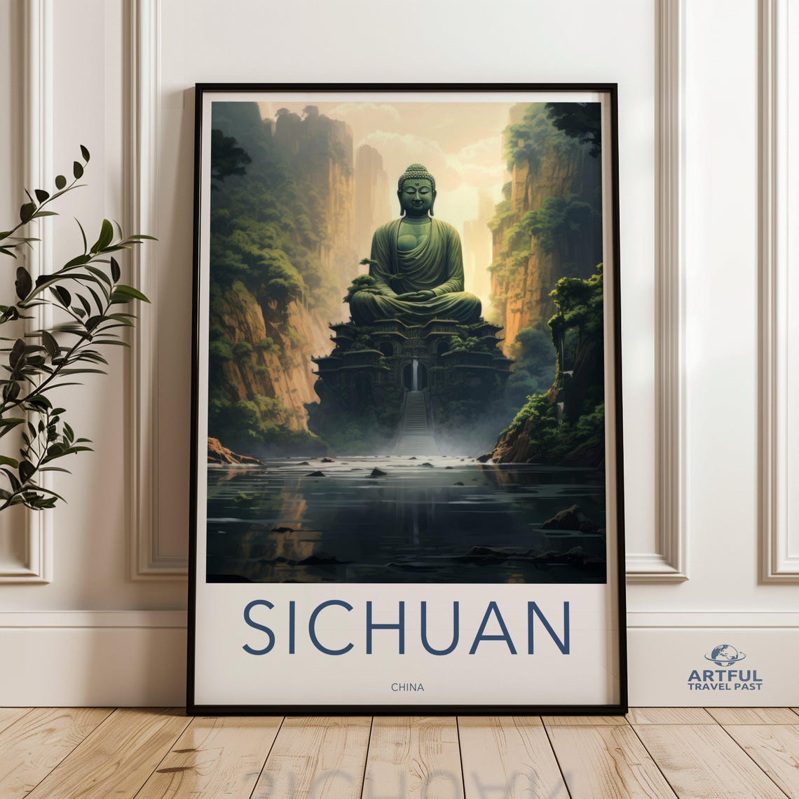 Sichuan China Giant Buddha River Cliffs Vintage Travel Poster