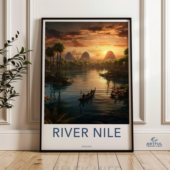 River Nile Burundi Sunrise Canoe River Palms Travel Scene Poster