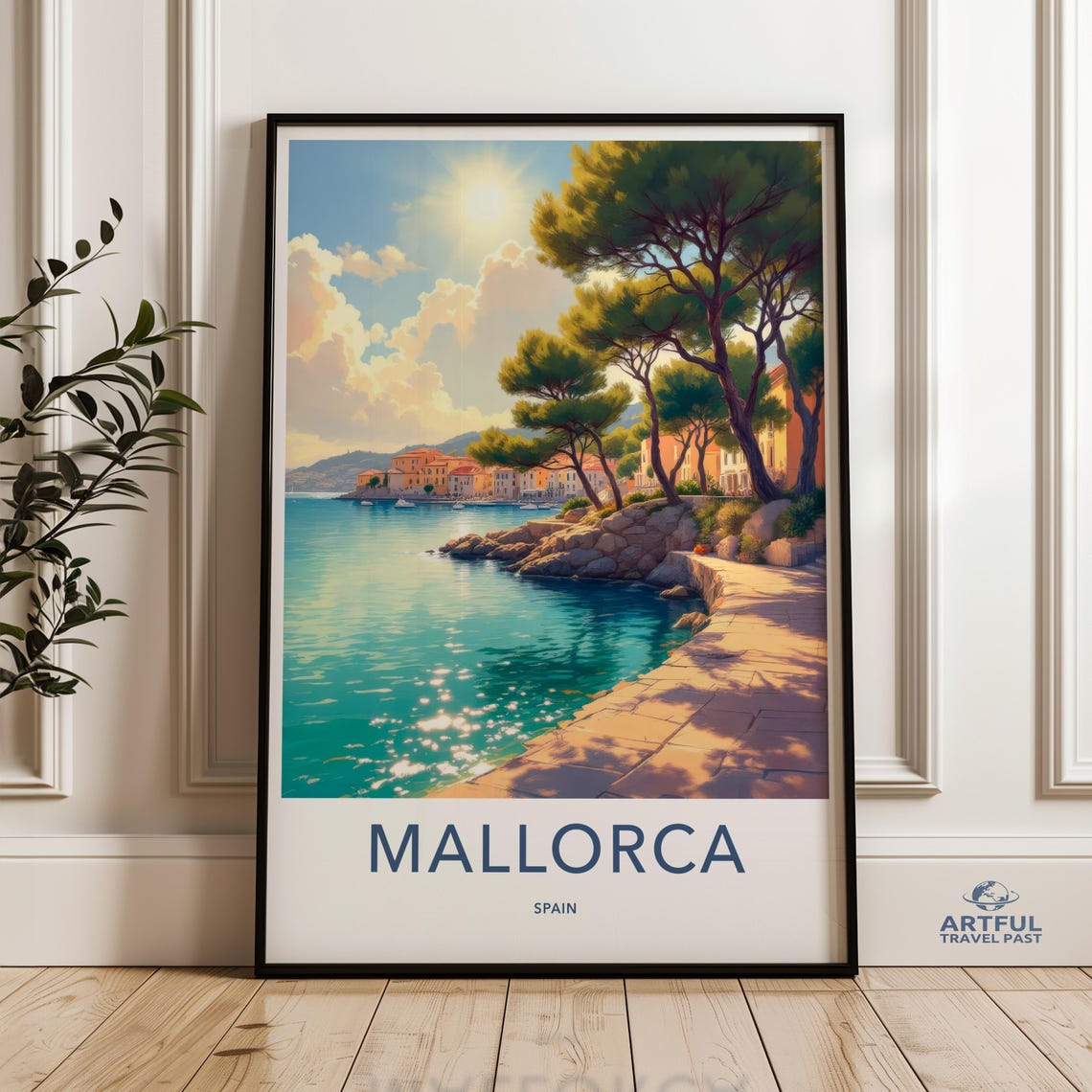 Mallorca Spain Turquoise Cove Pine Trees Sunny Travel Poster