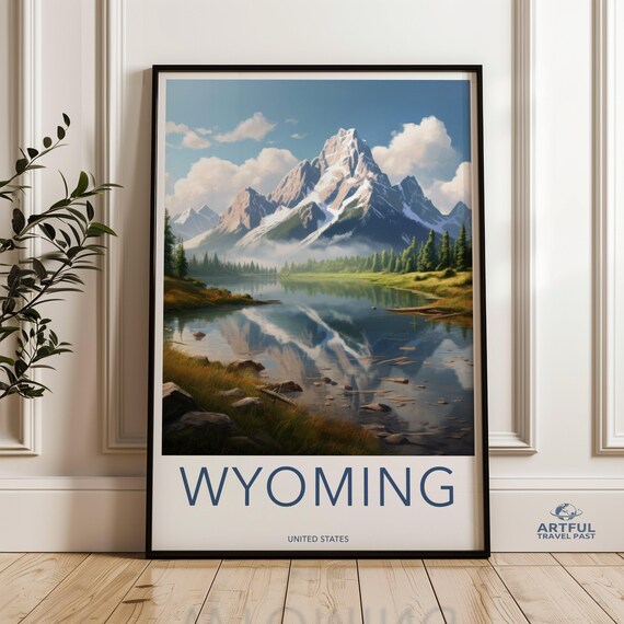 Wyoming United States Snowy Peaks Mirror Lake Vintage Travel Poster