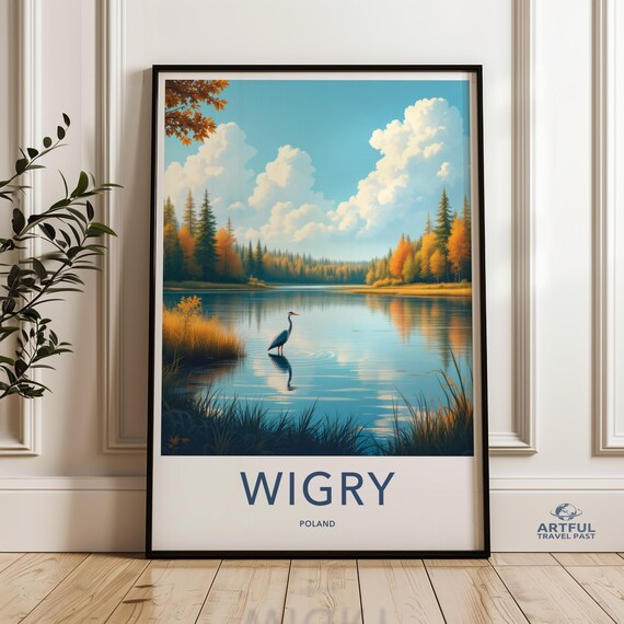 Wigry Poland Heron on Calm Autumn Lake Forest Travel Art Poster