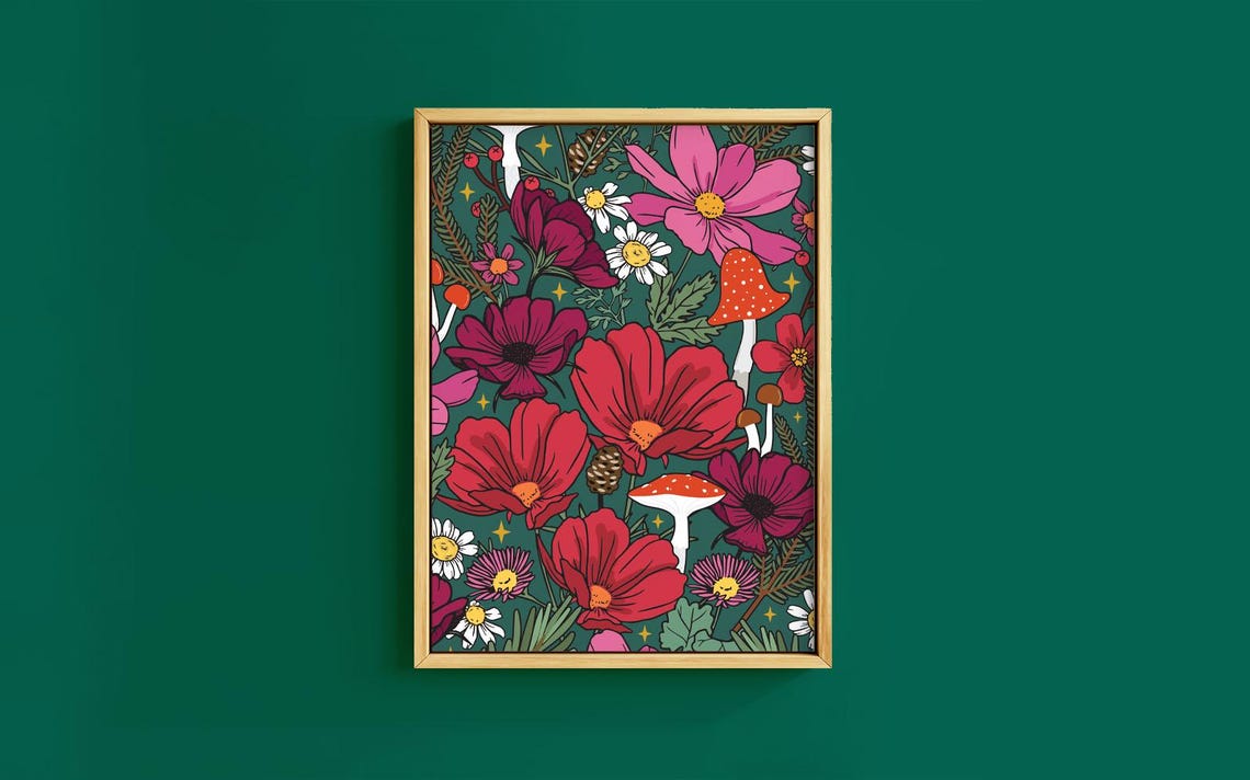Magical Cosmos Flowers Toadstool Pine Dark Botanical Floral Poster