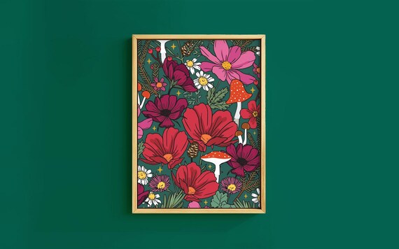 Magical Cosmos Flowers Toadstool Pine Dark Botanical Floral Poster