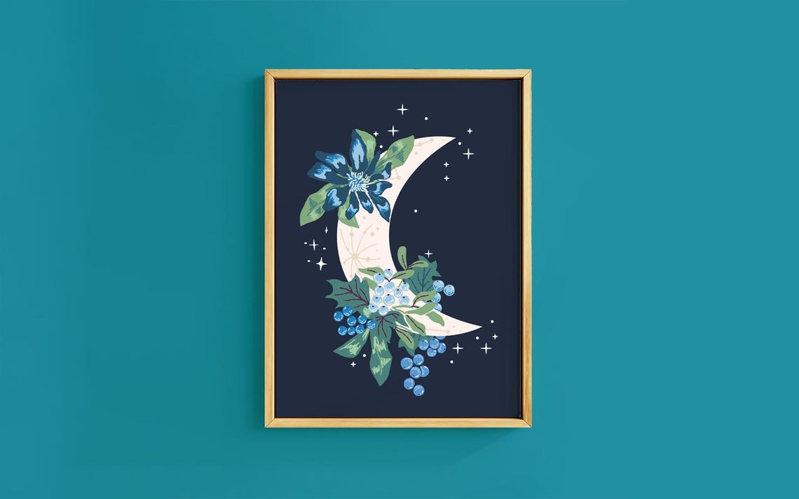 Crescent Moon Blue Blossom Berry Starry Night Botanical Poster