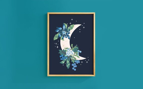 Crescent Moon Blue Blossom Berry Starry Night Botanical Poster