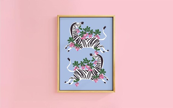 Playful Two Leaping Zebras Pink Berry Sprigs Blue Botanical Poster