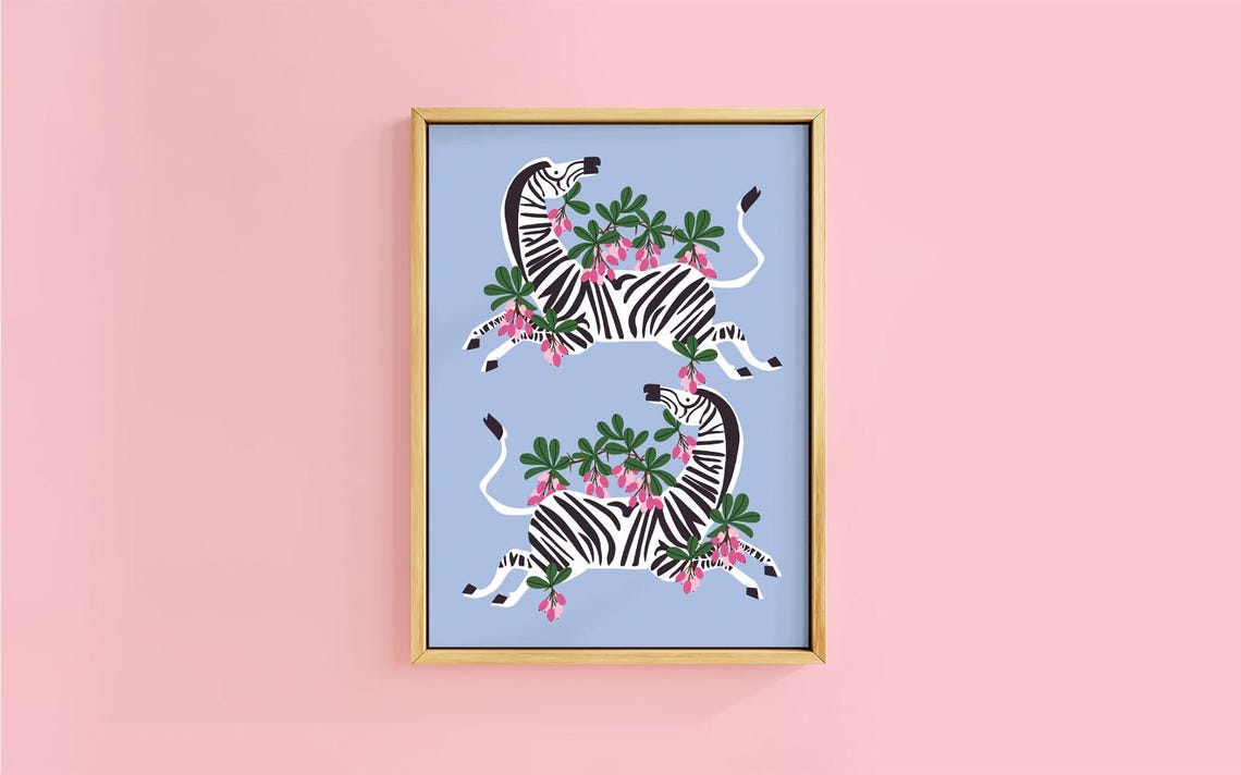 Playful Two Leaping Zebras Pink Berry Sprigs Blue Botanical Poster