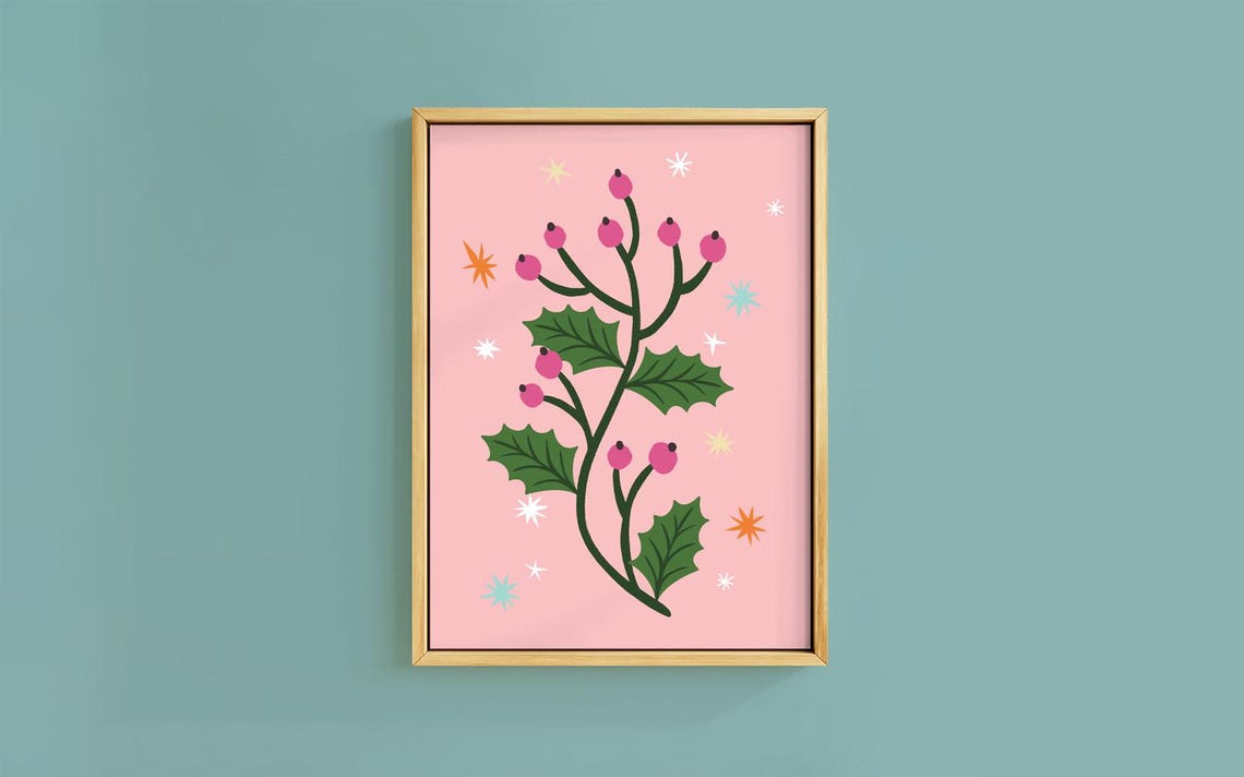 Pink Berry Holly Sprig Retro Starburst Botanical Christmas Poster