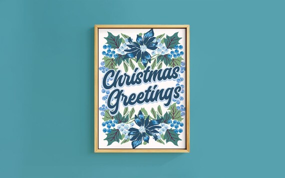 Blue Christmas Greetings Script Holly Berry Wreath Vintage Poster