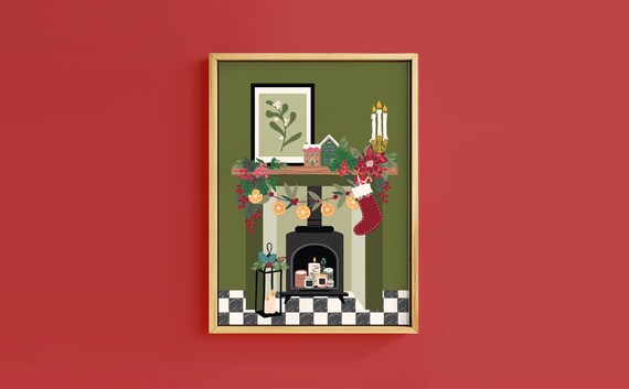 Cosy Christmas Fireplace Mantel Garland Stocking Scene Poster