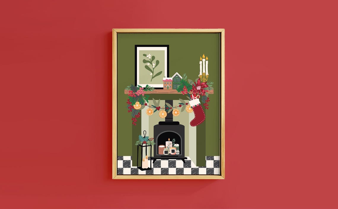 Cosy Christmas Fireplace Mantel Garland Stocking Scene Poster