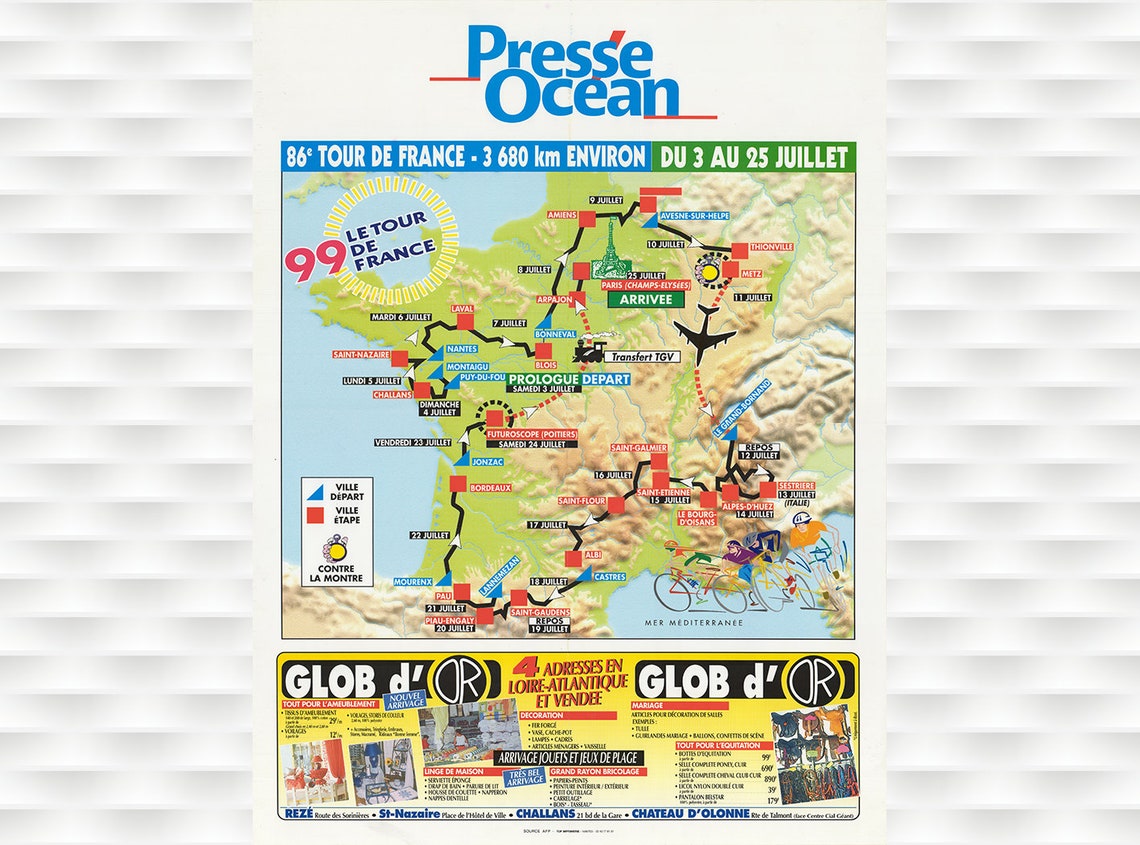 Tour de France 1999 Presse Ocean Route Map Newspaper Poster Art
