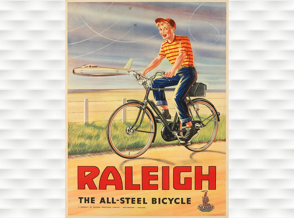 Raleigh English All Steel Bicycle Boy Jet Planes Vintage Poster