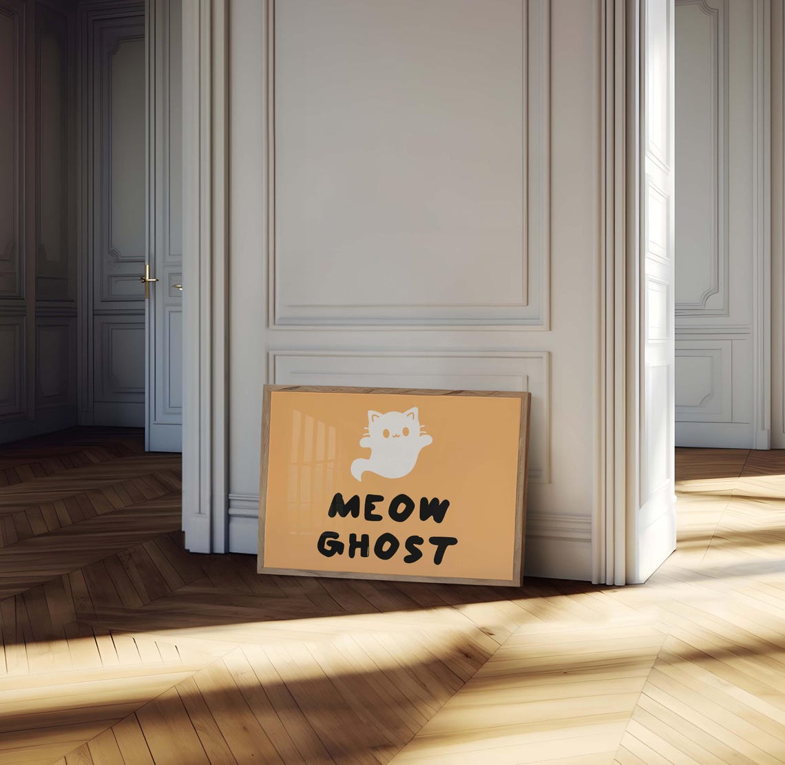 Meow Ghost Cute White Cat Ghost Halloween Poster On Bright Orange - Image 2