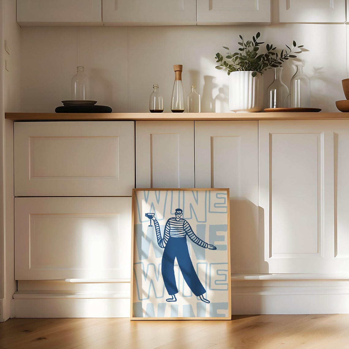 Wine Lover Retro Striped Man Blue Bar Cart Kitchen Wall Poster - Image 3