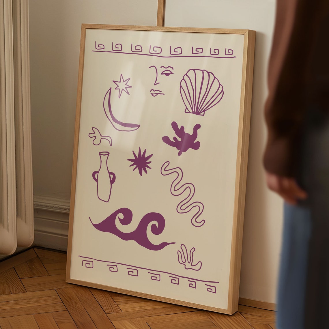 Greek Coastal Icons Purple Line Art Shells Moon Waves Poster - Image 5