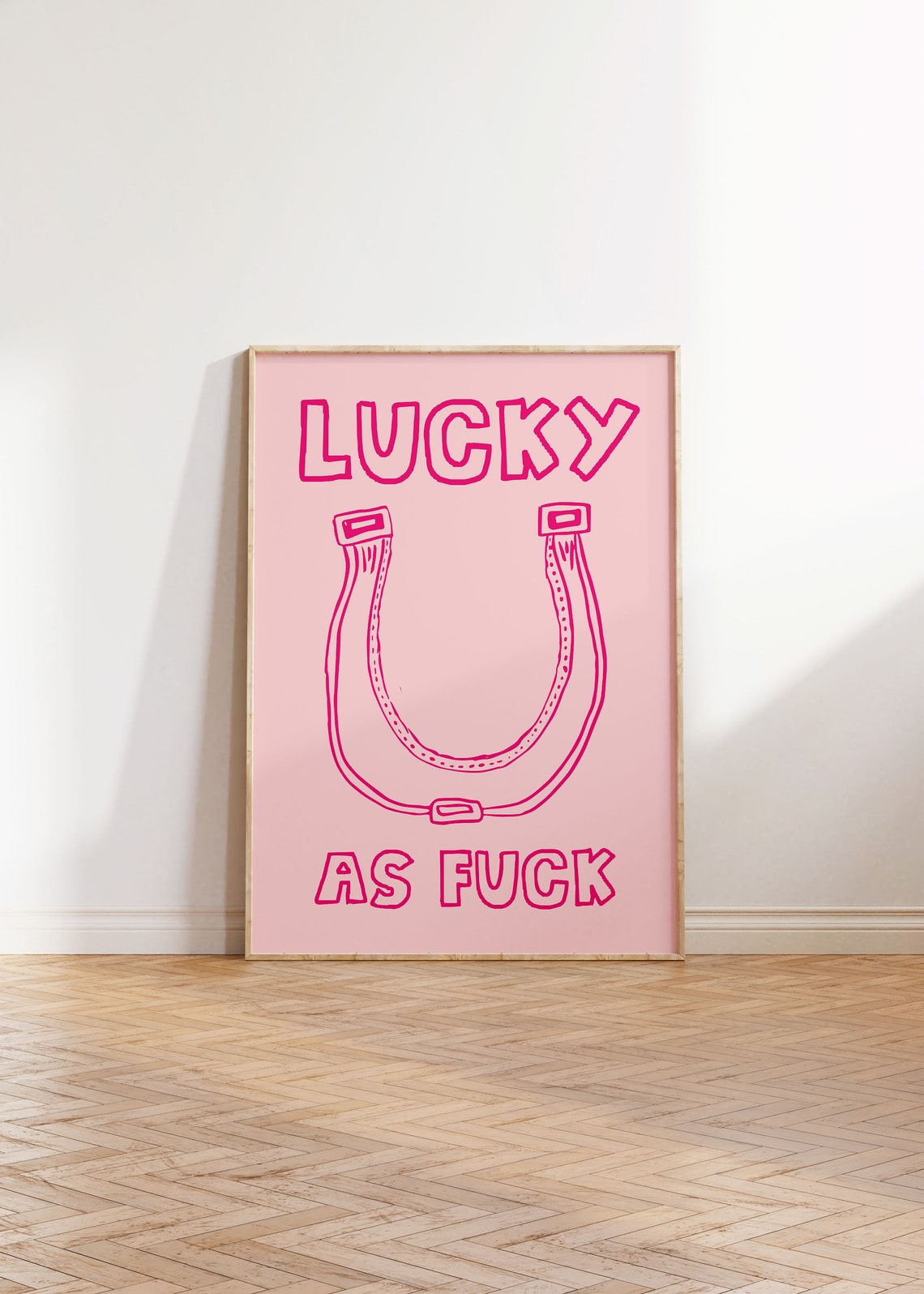 Lucky As Fuck Pink Horseshoe Outline Quote Typography Decor Poster - Image 4