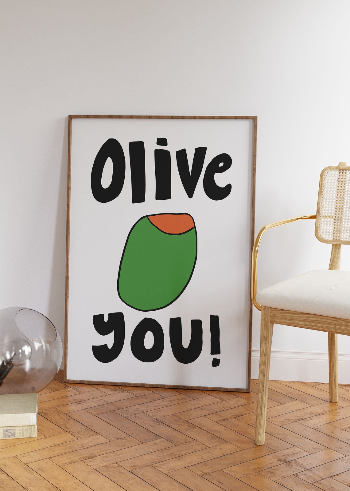 Olive You Playful Green Olive Illustration Kitchen Quote Poster