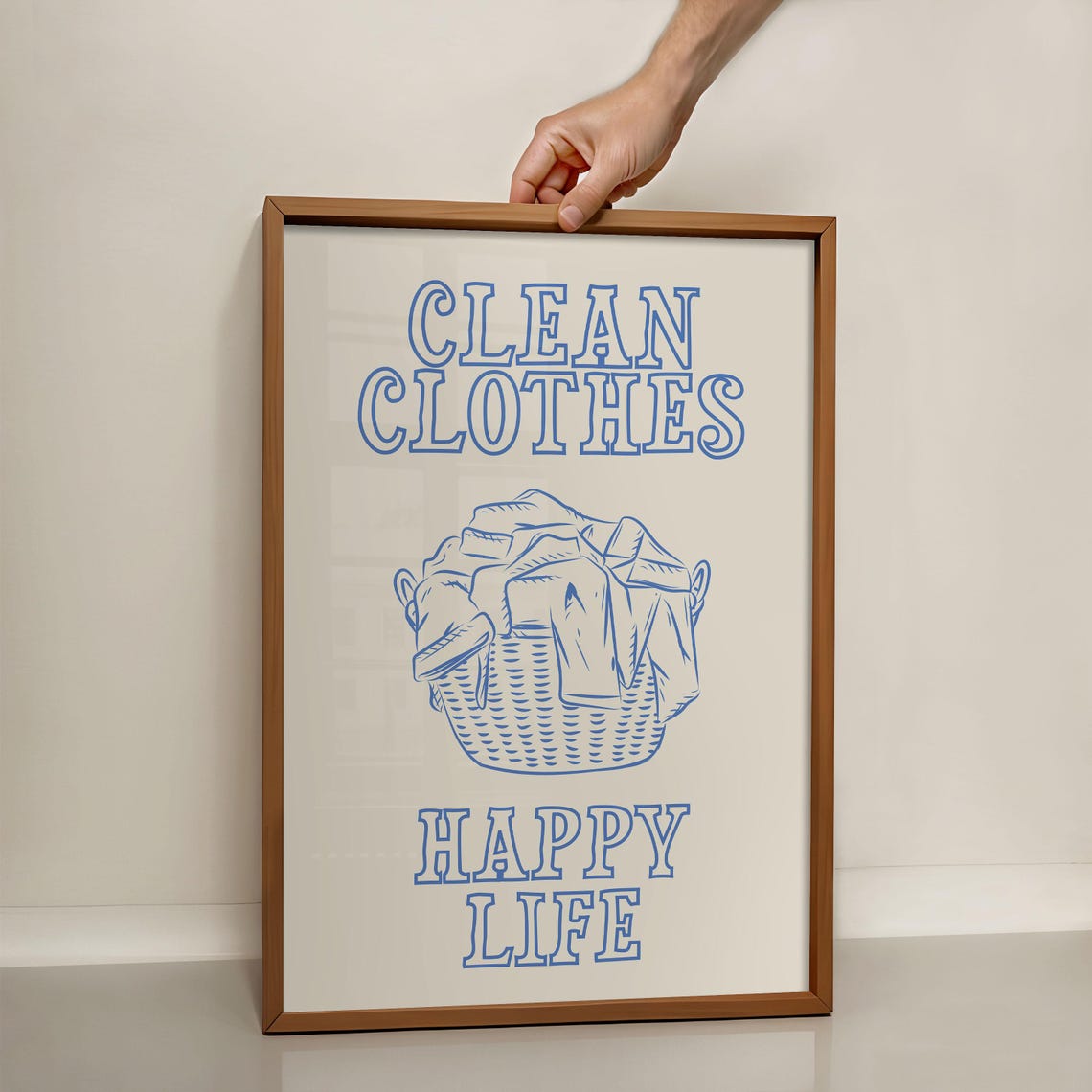 Clean Clothes Happy Life Blue Laundry Basket Line Art Poster - Image 3