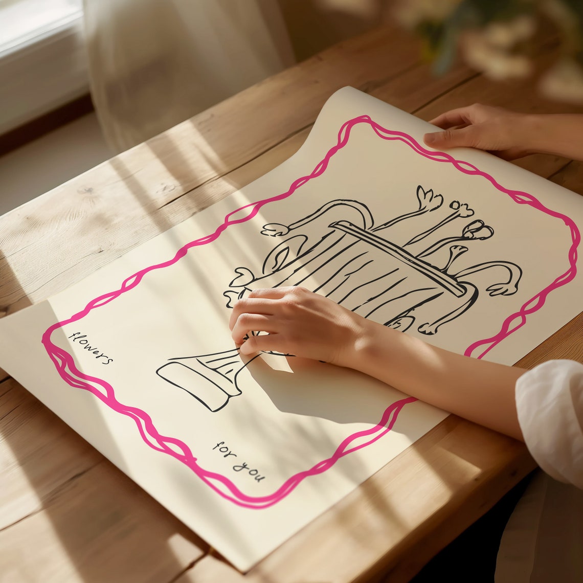 Flowers For You Hand Drawn Urn Pink Wavy Border Romantic Wall Poster - Image 3