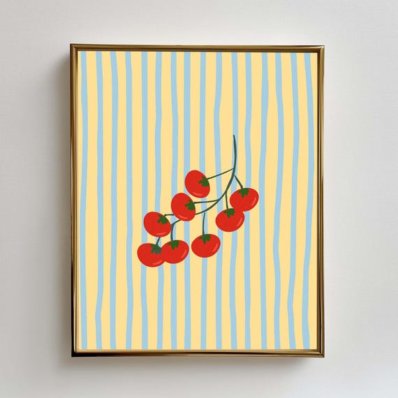 Tomato Wall Art Print Modern Kitchen Yellow And Blue Poster For Dining Room Fun Food Illustration Striped Instant