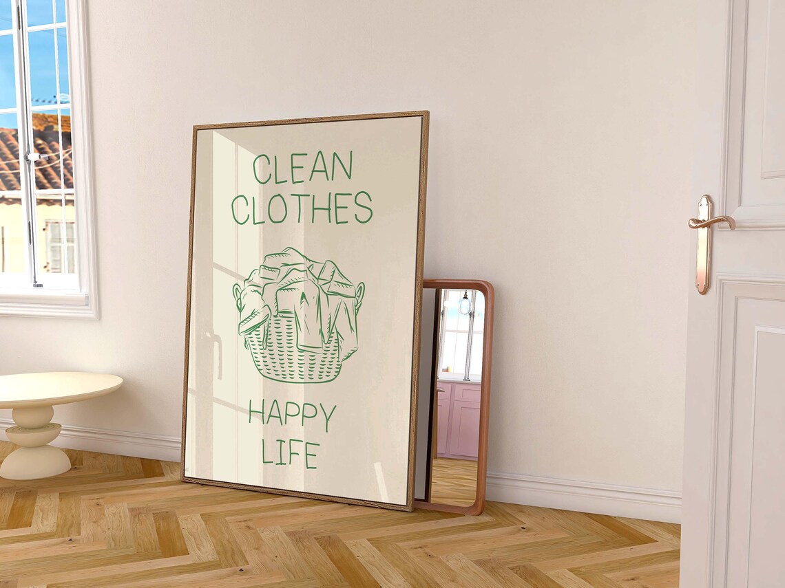 Clean Clothes Happy Life Laundry Poster Green Basket Line Art on Cream - Image 2