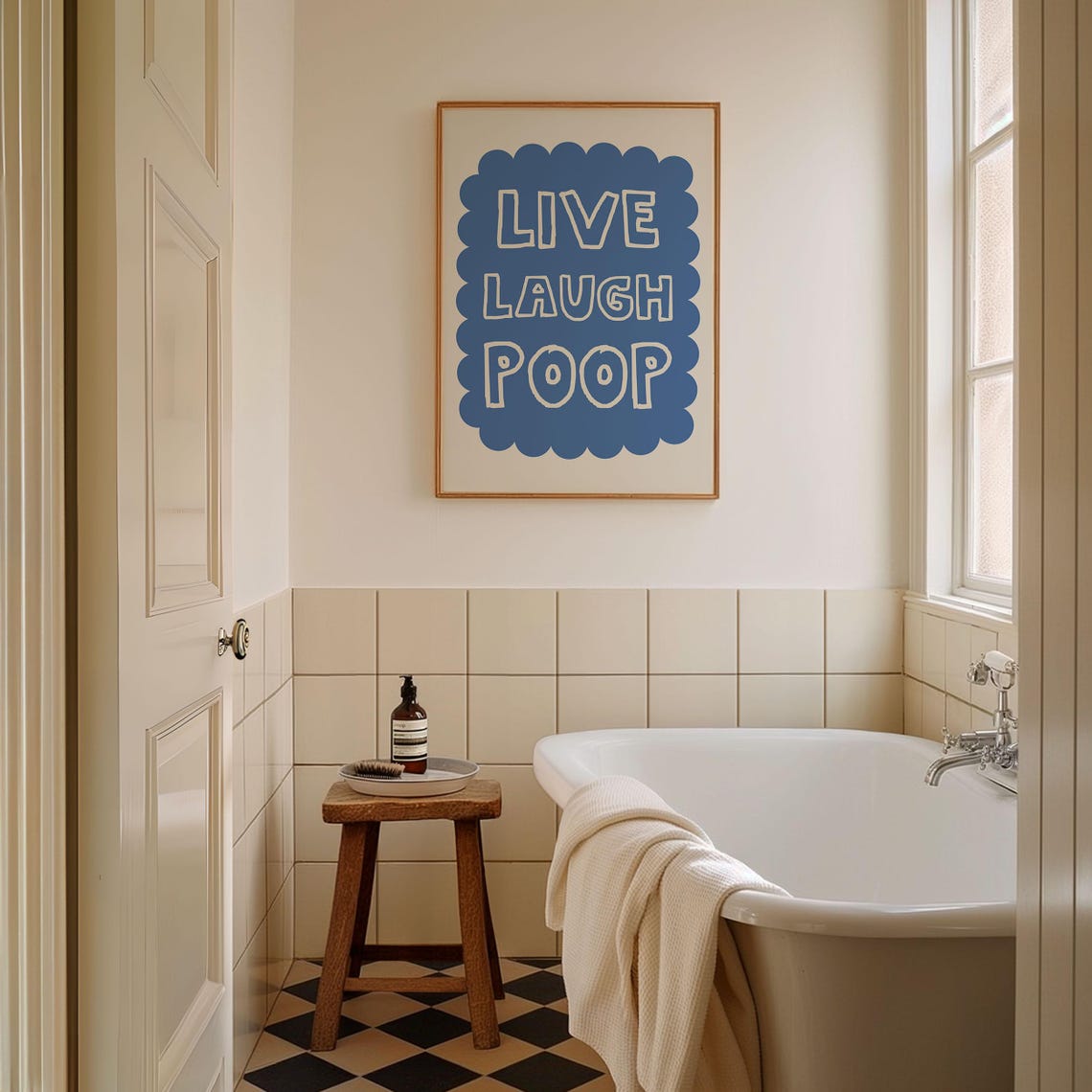 Live Laugh Poop Funny Bathroom Blue Scallop Retro Decor Quote Poster - Image 3