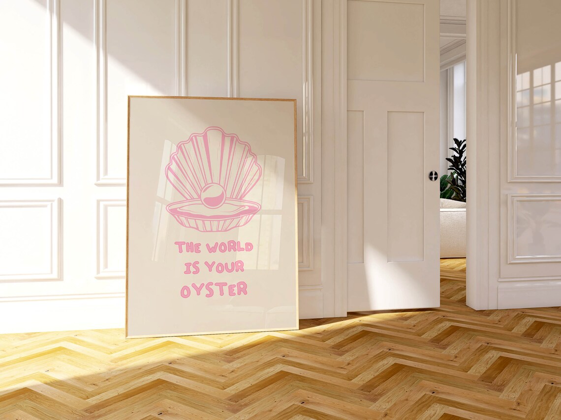 The World Is Your Oyster Pink Seashell Pearl Coastal Quote Poster - Image 3