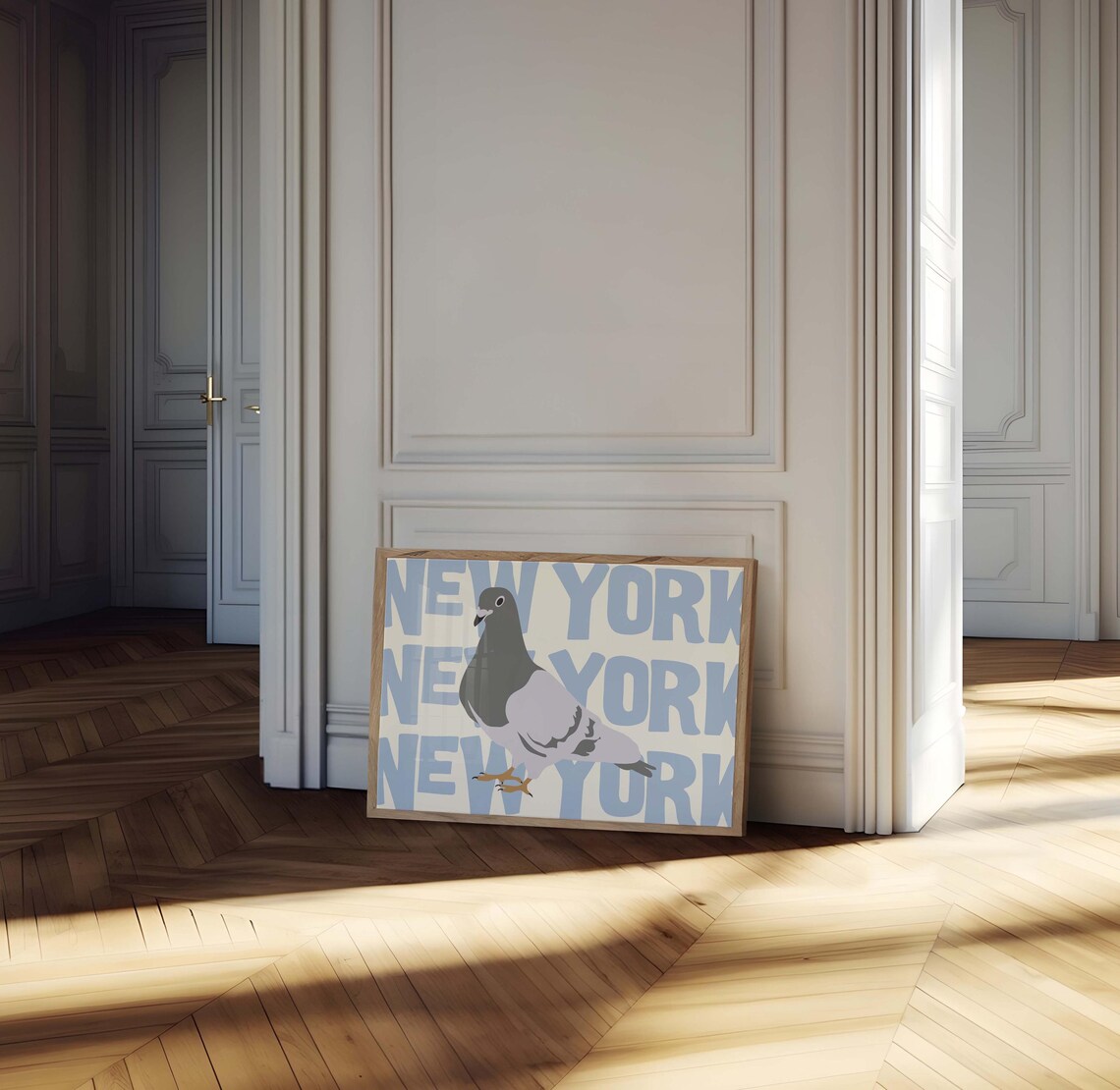 New York Pigeon Funny Urban City Bird Retro Blue Art Decor Poster - Image 2