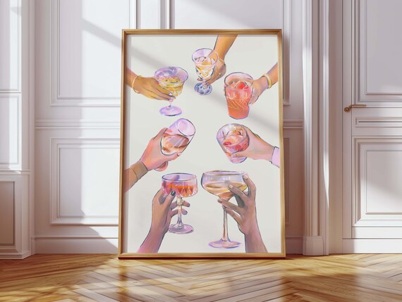Bar Cart Cheers Poster, Retro Kitchen Drinks Art Print