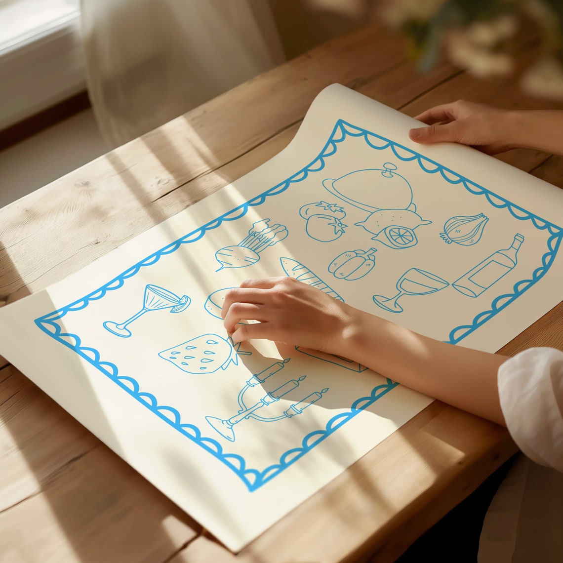 Blue Line Art Dinner Party Icons Scalloped Border Kitchen Poster - Image 3