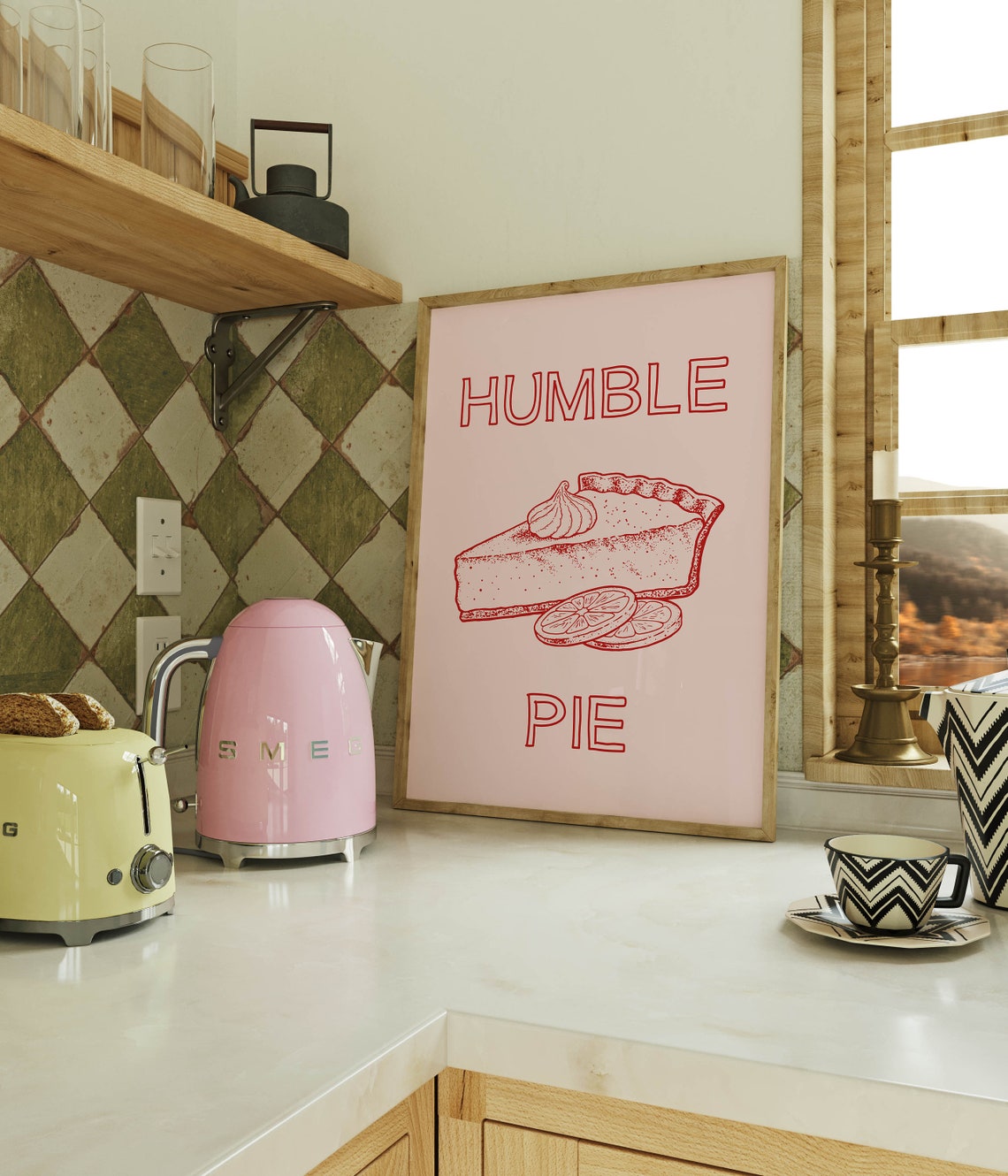 Humble Pie Red Line Art Lemon Slice Vintage Typography Pink Poster - Image 2