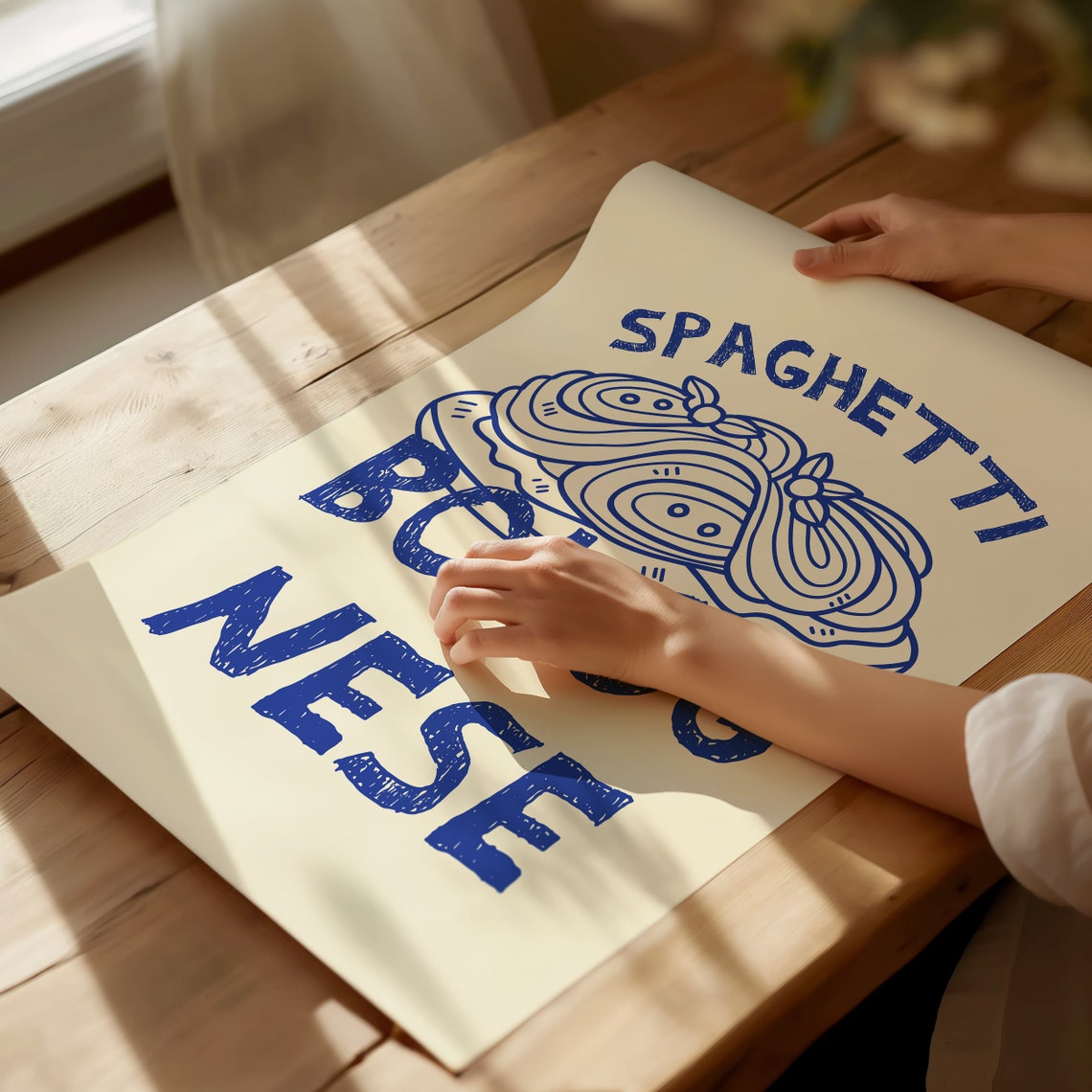 Spaghetti Bolognese Blue Line Art Italian Pasta Kitchen Poster - Image 3