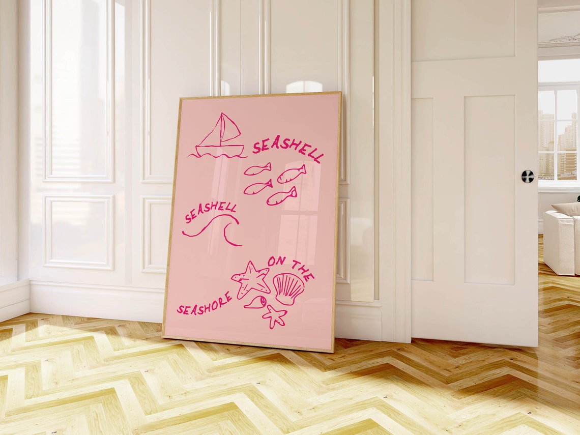 Seashell On The Seashore Pink Sailboat Hand Drawn Coastal Art Poster - Image 4
