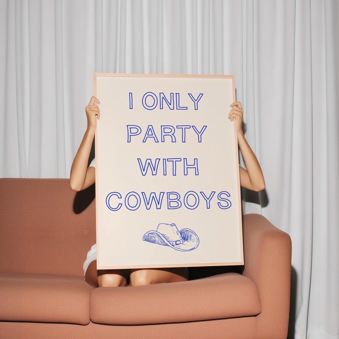 I Only Party With Cowboys Blue Outline Typography Western Art Poster - Image 2