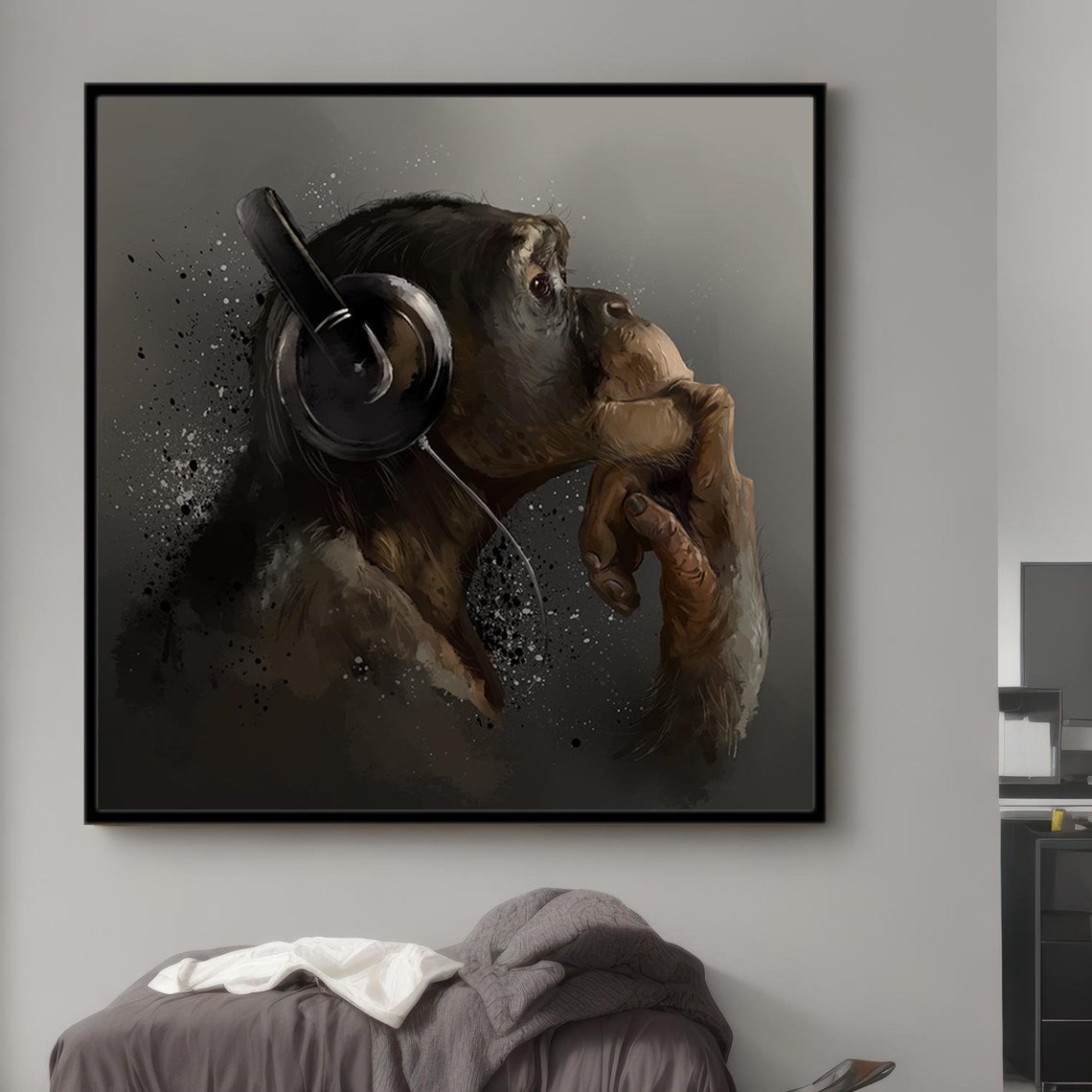 Chimpanzee Wearing Headphones Thoughtful Splash Paint Animal Poster