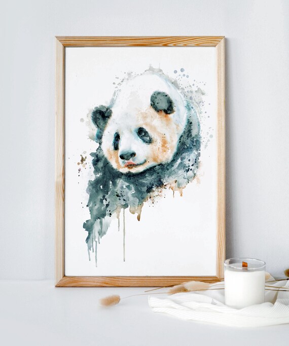 Panda Watercolor Portrait Splatter Art Poster Of A Baby Panda