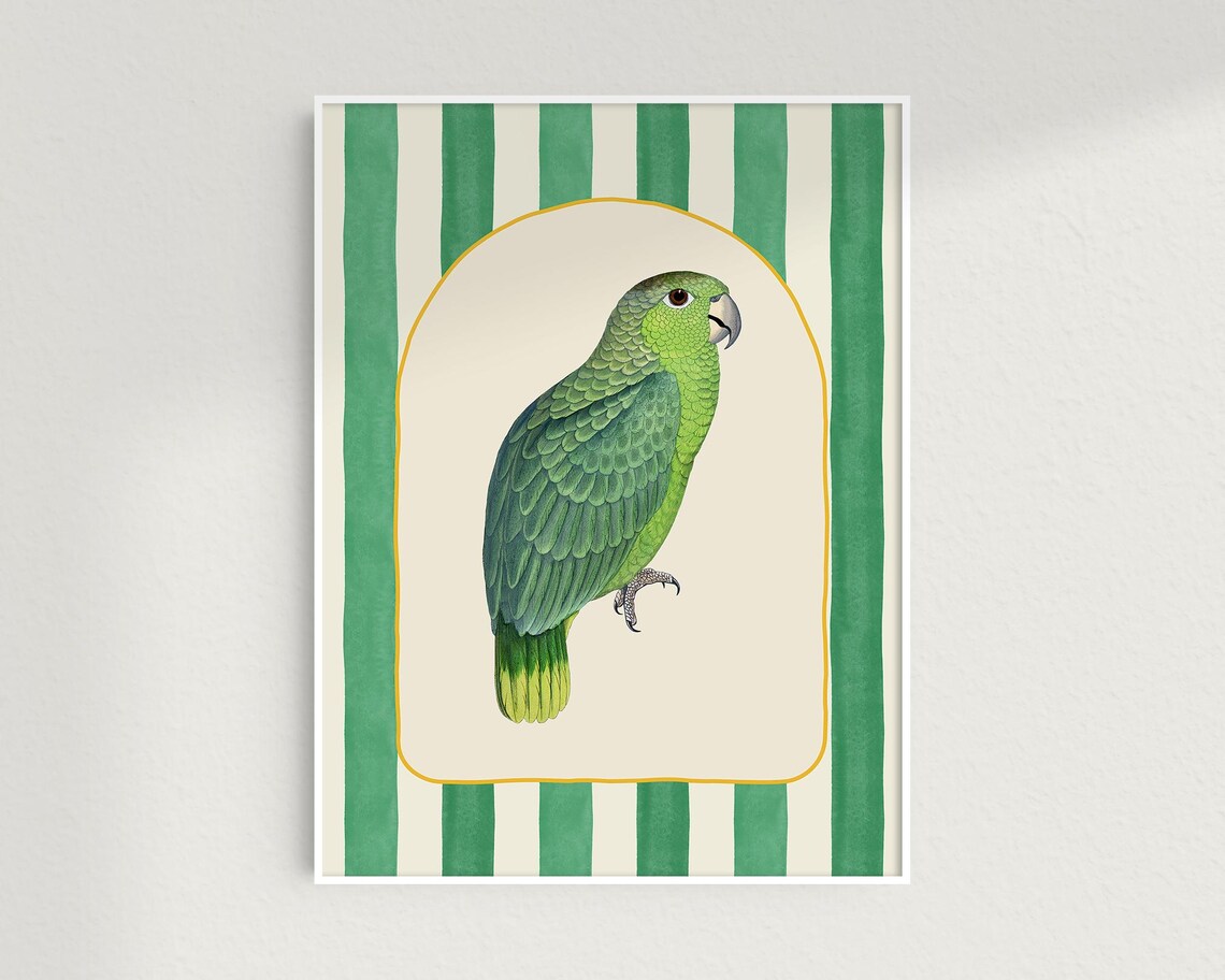 Green Striped Parrot, Maximalist Vintage Bird Art Print - Image 2