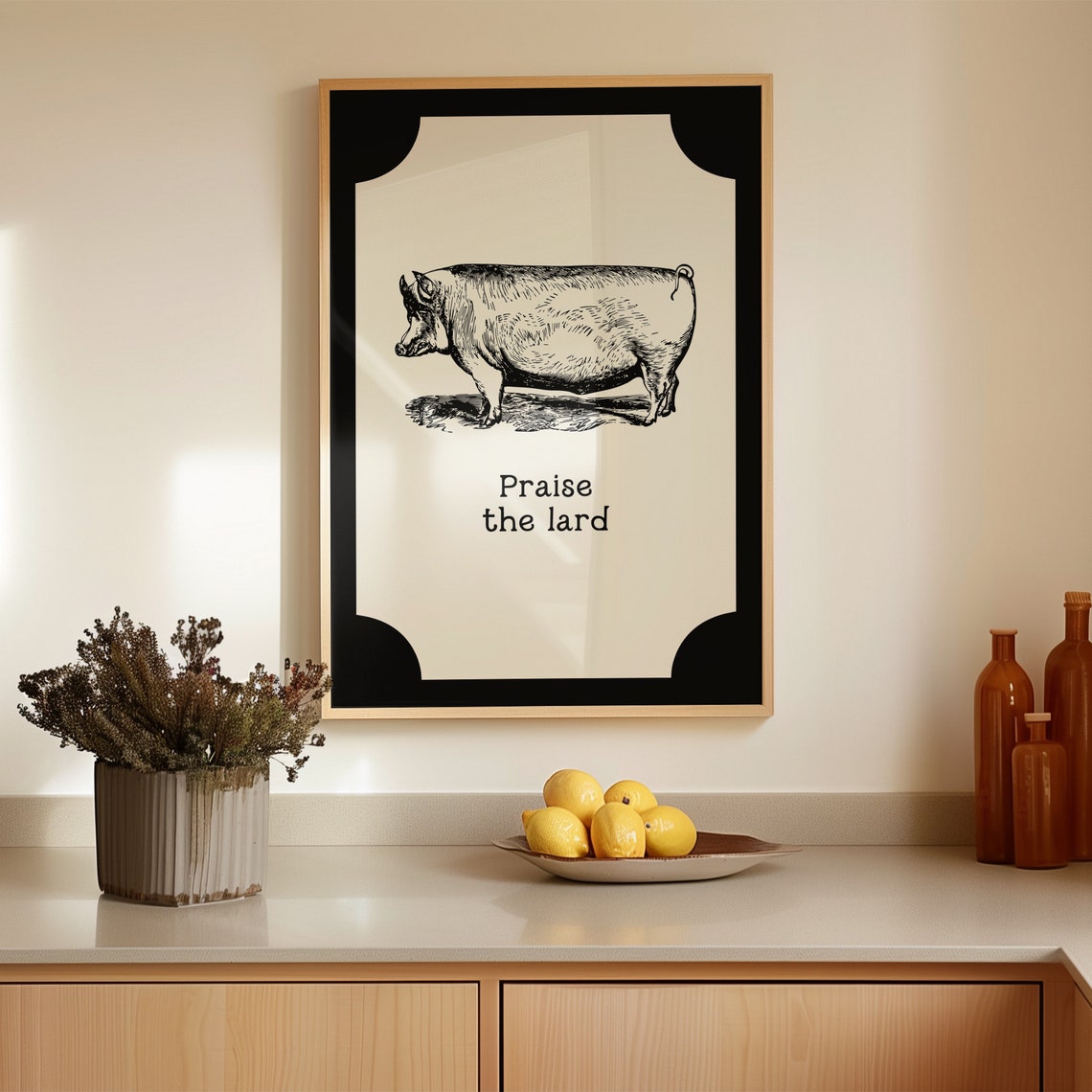 Praise The Lard Vintage Pig Illustration Funny Kitchen Quote Poster - Image 3