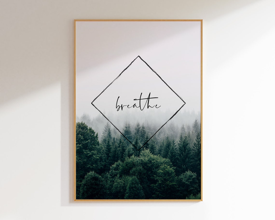 Breathe Script Foggy Pine Forest Minimalist Meditation Wall Art Poster