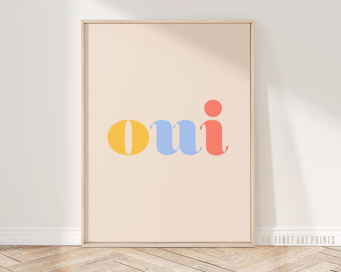 Oui Quote Poster, Pink Retro Dorm Decor Wall Art