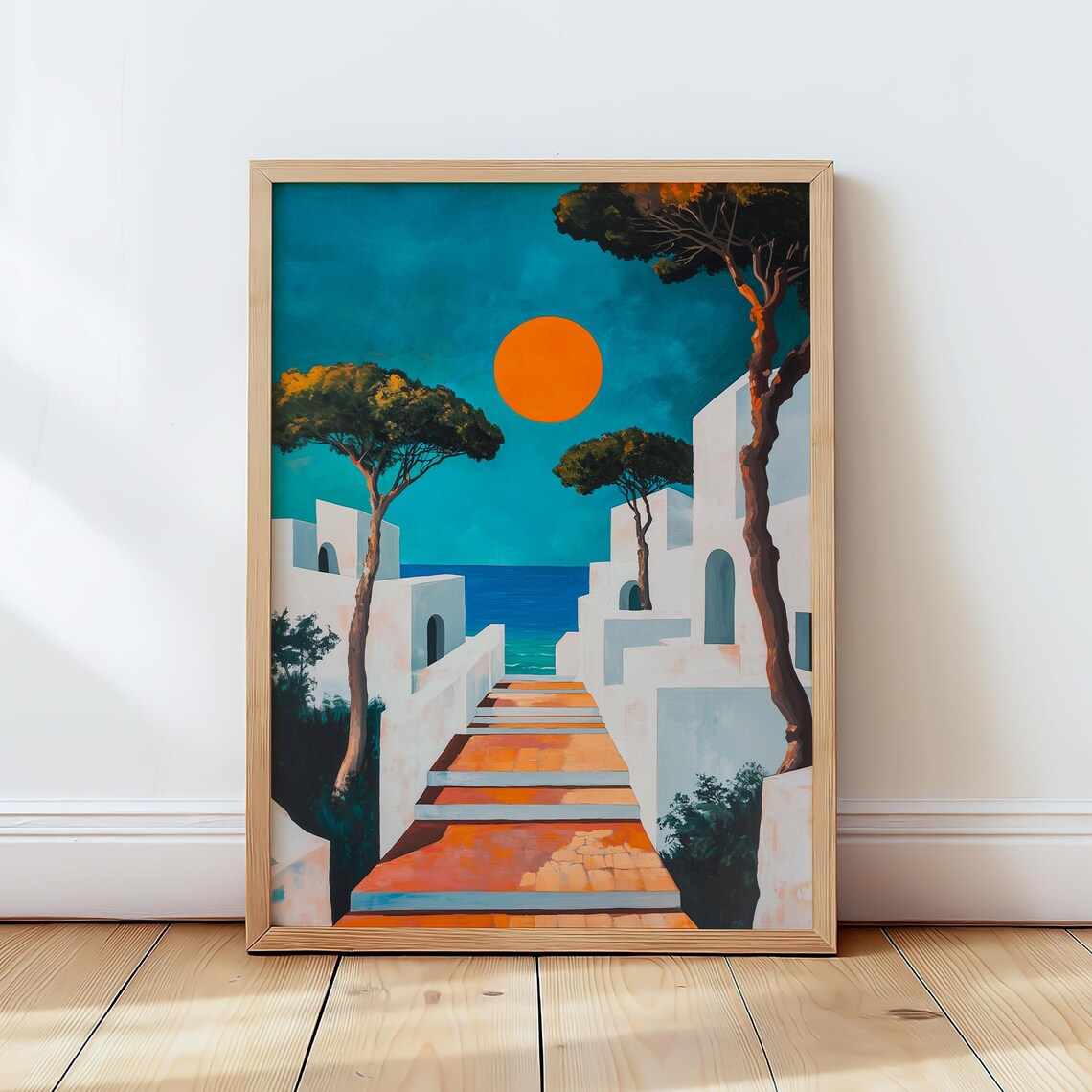 White Mediterranean Steps To Sea Poster Orange Sun Coastal Minimal Art