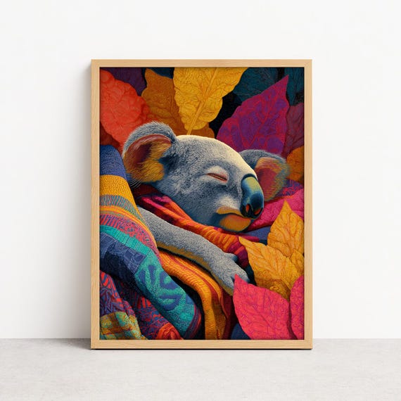 Sleeping Koala Wall Art Cozy Animal Poster Colorful Fall Leaves Nursery Or Bedroom Decor
